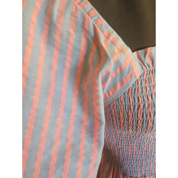 Draper James Pinstripe Fit & Flare Dress Puff Sleeve Ruffle Hem Blue & Pink Knee - Picture 6 of 12